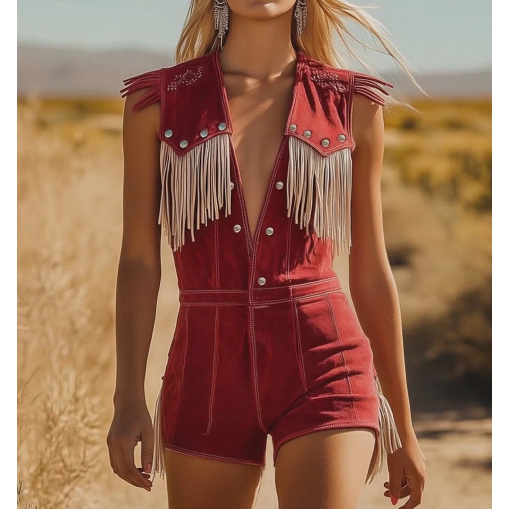 Stylish Red Fringe suede Jumpsuit
